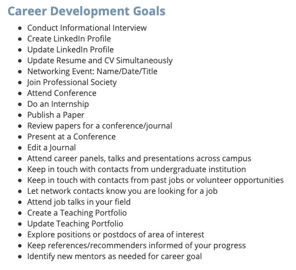 examples of Career Development Goals. Conduct informational interview, create linkedin profile, update resume and CV